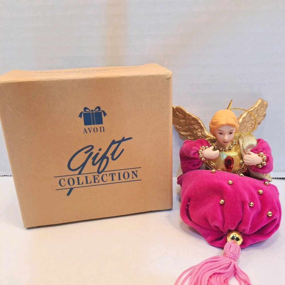 Avon Gift Collection Angel Christmas Ornament Pink Gold Fabric Hanging 1996